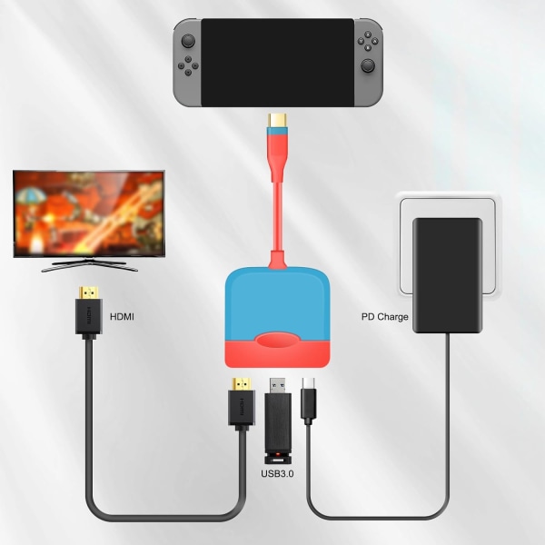 (Blå + Rød) Dock til Nintendo Switch OLED, USB Type C til HDMI Adapter