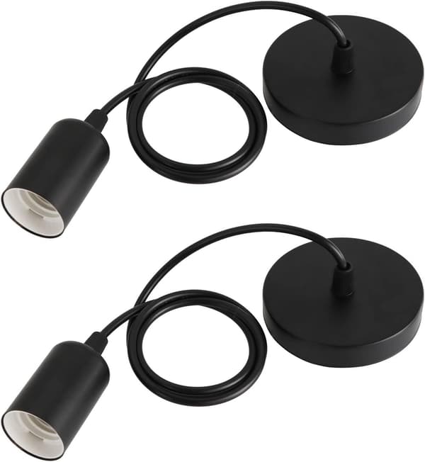 2 Pak Metal E27 Pendellamper (Sort), 100cm Justerbar Kabel,