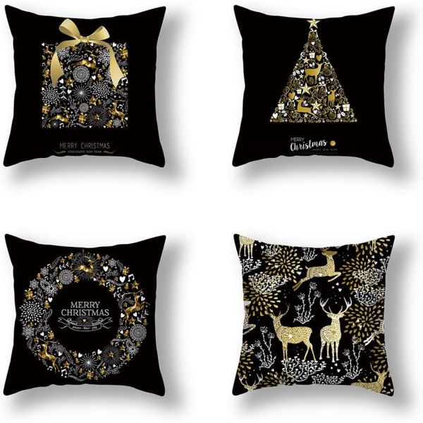 #4PCS Christmas Black Cushion Cover - 45*45cm, Snowflake Pillow Co#