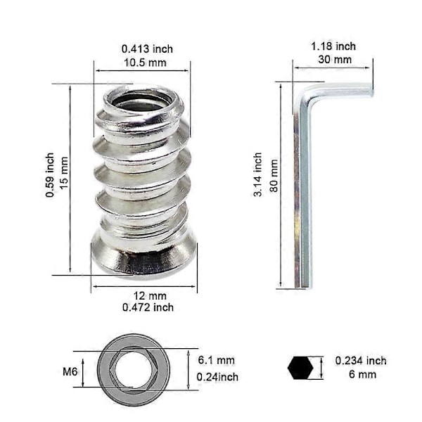 80 stk. tre gjengeinnsats sekskantmutter M6 x 15 mm skrueinnsats gjenget sokkelhodeskrue M6 treinnlegg for møbler stoler tresenger