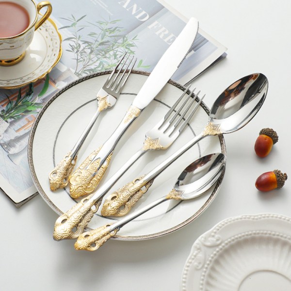#5 dele rustfrit stål porcelæn guld bestik sæt#