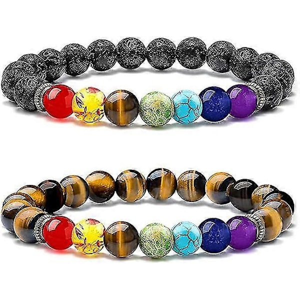 Sæt med 2 stk. 7 Chakra Armbånd til Kvinder Mænd Naturlig Lava Sten Armbånd Tigerøje Armbånd Yoga Elastiske Armbånd Naturlige Perlearmbånd i 8mm