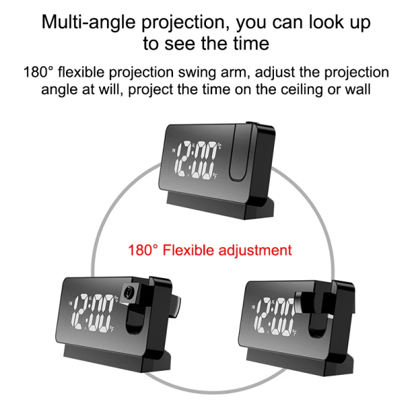 180° Rotasjons LED Digital Projektorvekkerklokke USB Elektro