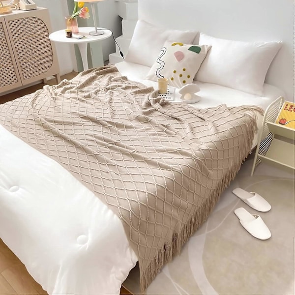 Strikket pledd med frynser, sengetepper, ensfargede ruter, nordisk varmt pledd, moteriktig mykt pledd, sofapledd, dekorativt sengeteppe 127x172cm