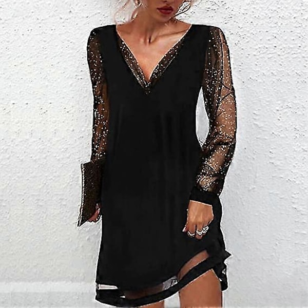 Dame Mesh Langærmet Pullover Tunika Kjole Sequined Tyl Kjole