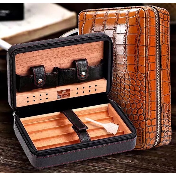 *Bærbar Cigaræske Cedertræ Cigar Cutter Lighter Etui Kreativ Rejse Cigar Værktøj Læder Etui Samling Etui Sort*