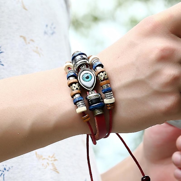 Populär prydnad nytt pärlbroderade ögon boskap läderarmband utdragbart justerbart par läderarmband