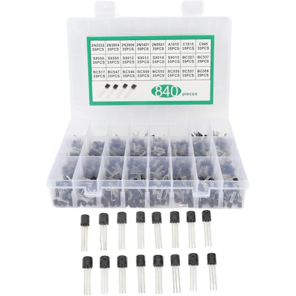 NPN PNP Transistor Sortimentslåda, 840st Diod Transistor Set, Transistor Sortiment DIY Kit, 24 Värden TO-92