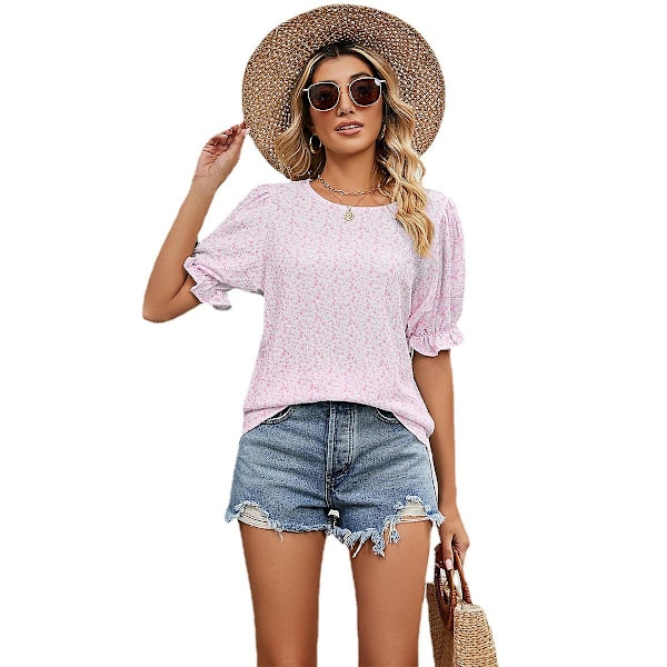 Dam Tunika Blus med Rund Halsringning Blommigt Tryck T-shirt Kortärmad Chiffon Toppar Hawaii Strand
