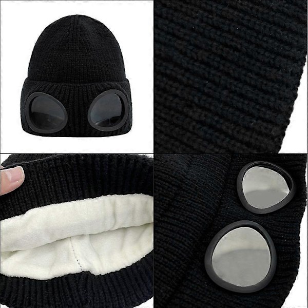 Hue med briller til mænd og kvinder - Unisex ensfarvet strikket skull cap - Sort