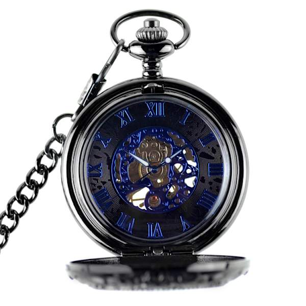#U Ørn/Engel/Fenix Blå Romertal Urværk Lommeur Stål Skelet Vedhæng Halsk Sort#