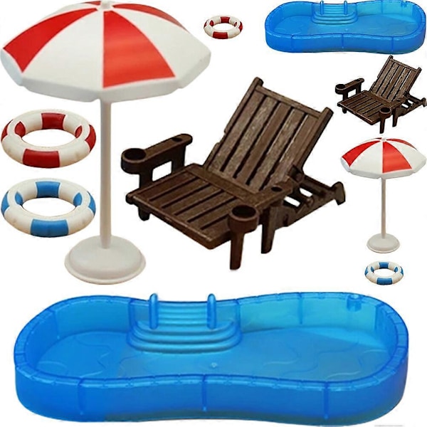 2 Sæt Mini Swimmingpool Mini Hus Badering Strandstol Strandparasol Modeller