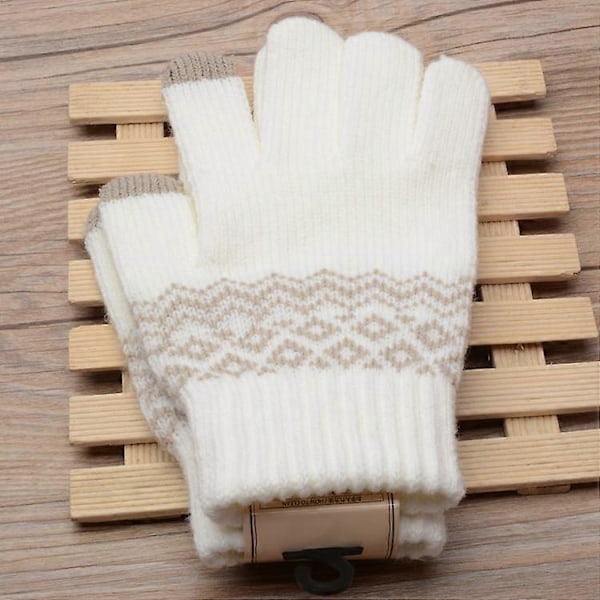Par Dame Vinter Varme Touch Screen Handsker Strikket Blødt Mønster - Hvid/Grå - One Size, 21*12CM