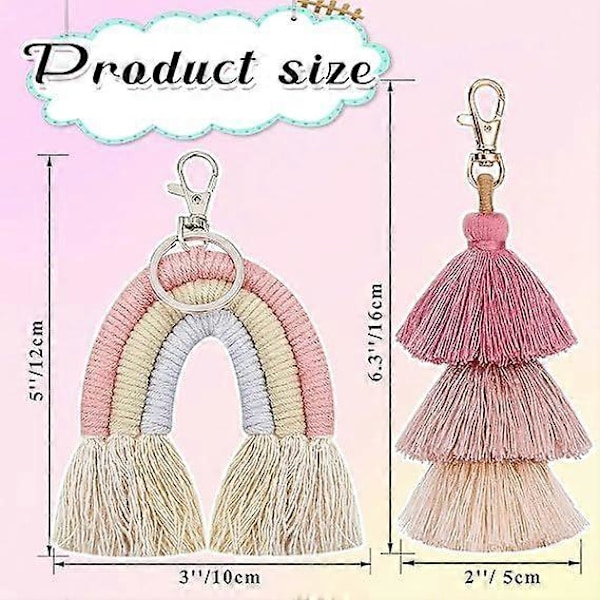 Sæt med 2 Boho Regnbue Macrame Nøgleringe med Kvaster til Kvinder