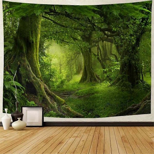Jungfrulig skog Gobeläng Grönt träd i dimmig skog Gobeläng Väggbonad Naturlandskap Väggbonad Dekor för Vardagsrum Sovrum B150 cm