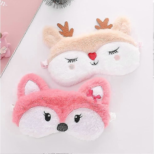 2-pack Söta Djur Sovmask för Flickor Söt Tecknad Räv Älg Mjuk Plysch Ögonbindel Sovmasker Ögonskydd för Kvinnor Flickor Resor Tupplur Nattsömn