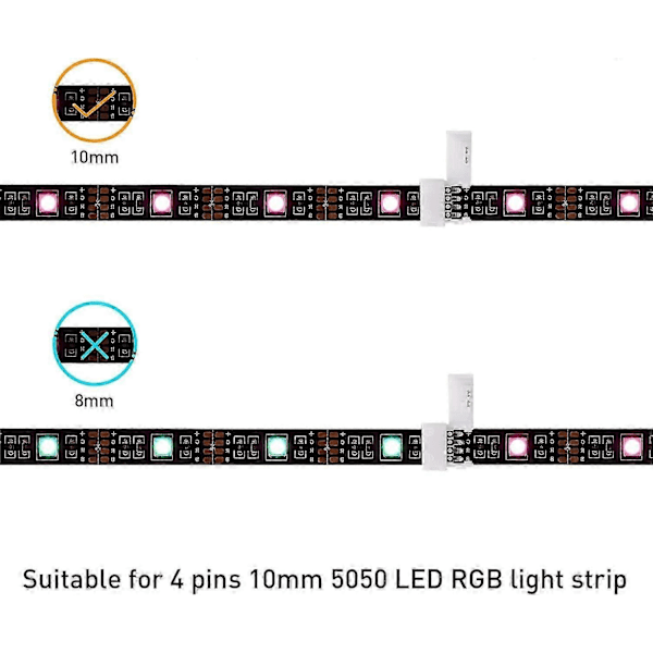 LED Strip Connector Accessory Kit - 5050 10mm 4Pin RGB LED-stik, Inkluderer 20x ledningsklemmer, 12x mellemrumslose stik, 6x L-formede stik, 2x Ope
