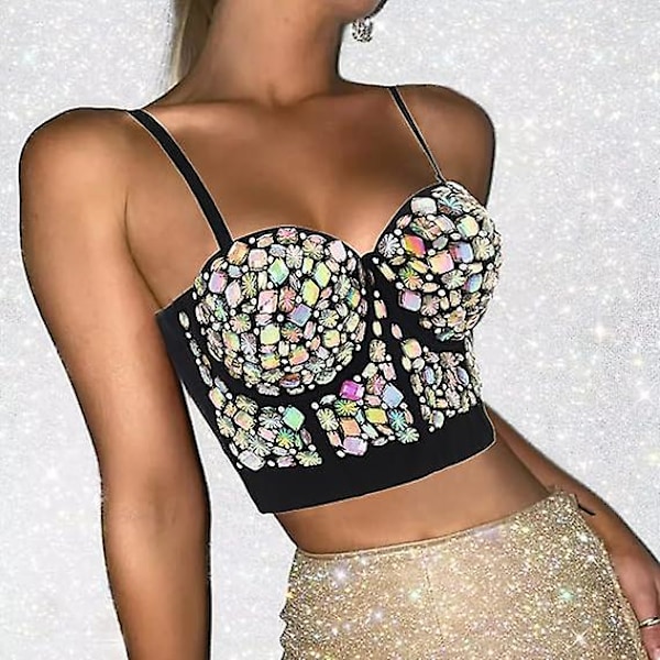 Strassikorsetti, rintaliivit, crop top, musta timantti, yökerho, rave, strassitopit, koruja naisille