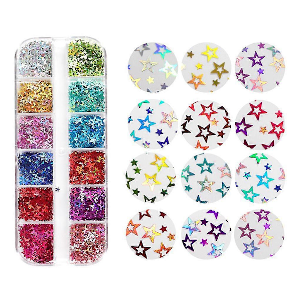 12 Fack/låda Holografiskt Glitter Ihåliga Stjärnor Form Pailletter Epoxiharts Fyllning