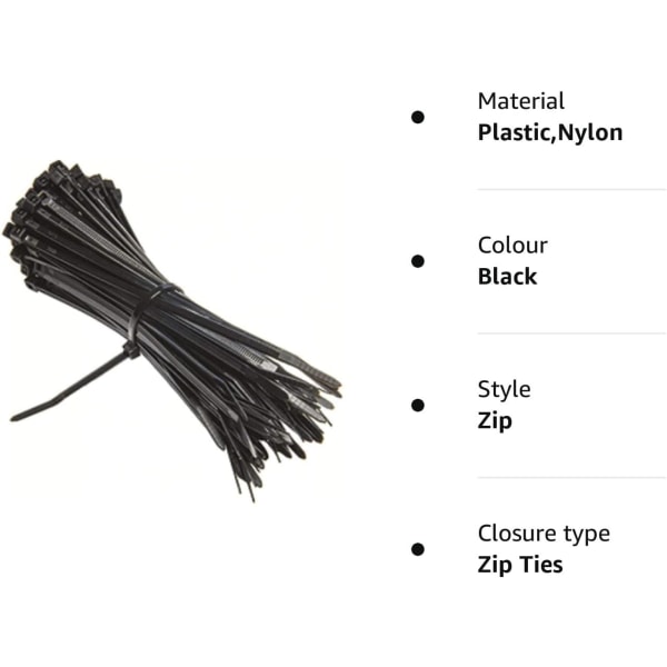 250 Pak - Stærke Sorte Kabelbinder Zip Ties Nylon Plastik (40