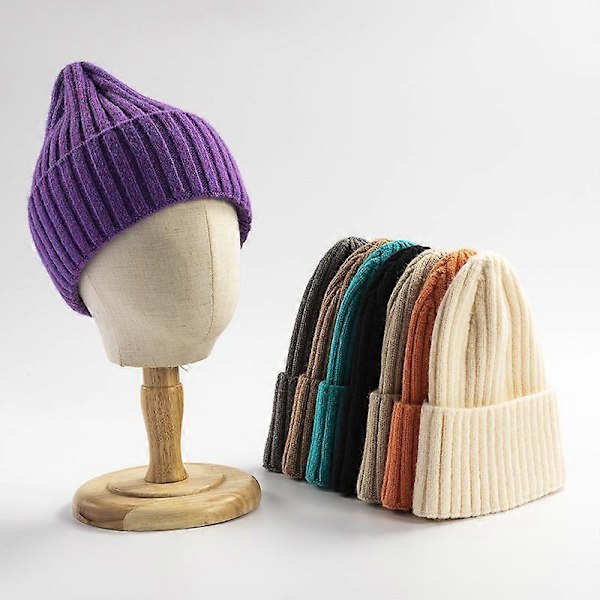 Strikket lue for menn og kvinner, varm vinterlue i kasjmir, unisex, for voksne, lilla farge
