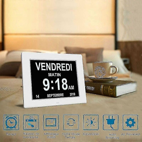 7\" LCD Digitaalinen Kalenterikello Päivämäärällä, Kalenterikello Päivämäärällä, Päivällä ja Ajalla | Alzheimerin Kello | Kello Seniori-ikäisille, Se on Vanhemmille (valkoinen)