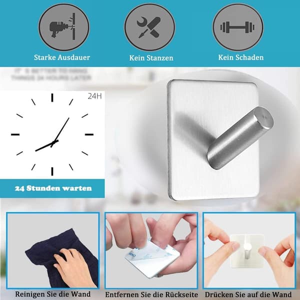 6 stk Håndkleholder Veggkrok Adhesive Hook Selvklebende 304 Rustfritt