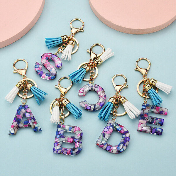 A-Z Alfabetbogstav Tassel Akryl Nøglering Taske Bil