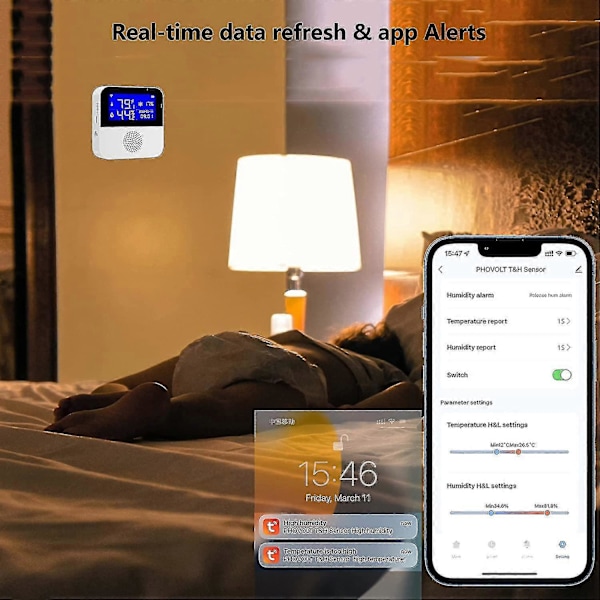 Wifi Hygrometer Termometer Sensor Med Extern Sond, Trådlös Digital Temperatur- och Fuktighetsmätare Realtidssynkronisering, Med Bakgrundsbelyst LCD, Summer
