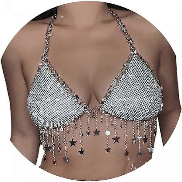 Sexy Rhinestone Kroppskjede BH Krystall Bikini Topp Glitrende BH Kjede Kroppssmykker for Kvinner og Jenter