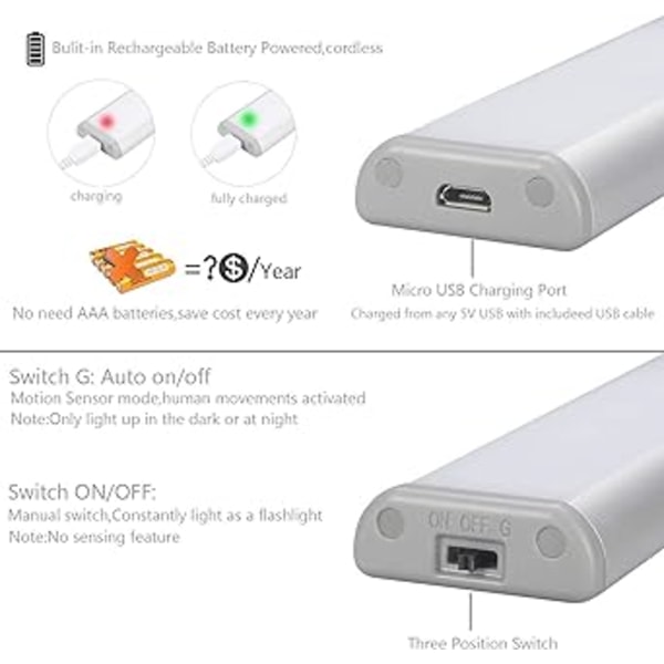 3-pak Oppgradert USB-oppladbare 10 LED Magnetiske Bevegelsessensor N