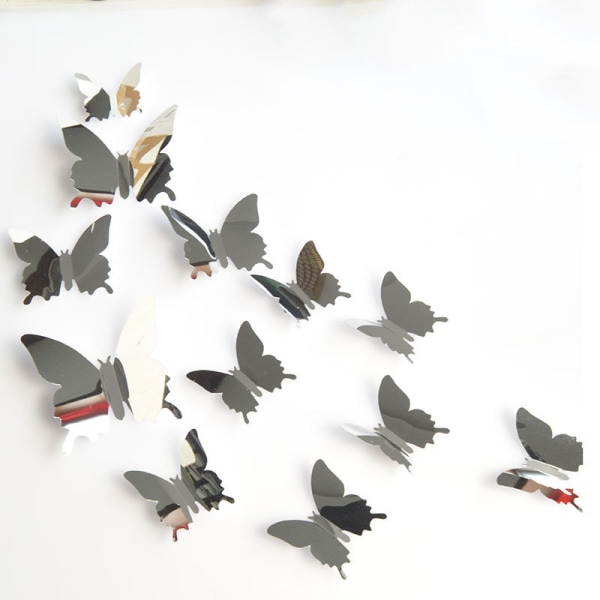 12 stycken DIY spegel-fjärilar kombinerade 3D fjärilar väggdekaler