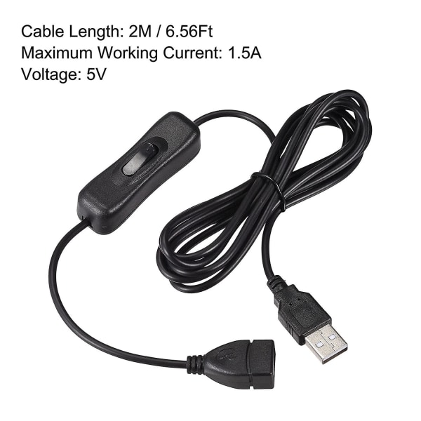 USB kabel med på/av-brytare, USB hane till hona förlängningssladd 2 m svart, kompatibel led bordslampa led strip
