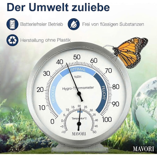 Indendørs Analog Hygrometer Termometer - Fugtmåler og Rumtermometer i Rustfrit Stål