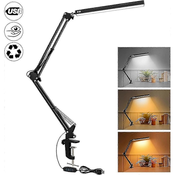 Kraftig LED Skrivebordslampe med Klemme - Øjenvenligt LED Lys - 3 Lysindstillinger x 10 Lysstyrkeniveauer - Sort