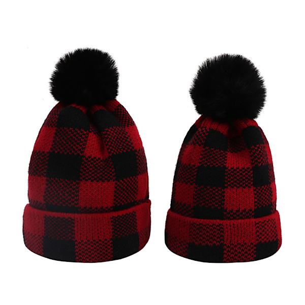 2-delad förälder-barn vintermössa i ull med pompom, stickad