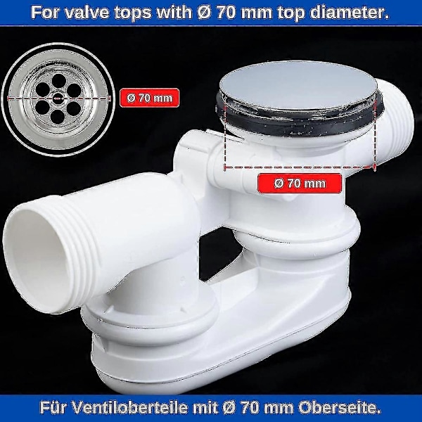 Badekarprop, 70 mm, med dobbelt forsegling, højdejusterbar, universal badekarprop, vaskventil, hærdet messing med kromfinish