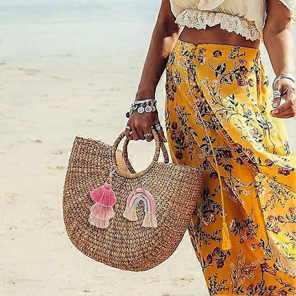 Sæt med 2 Boho Regnbue Macrame Nøgleringe med Kvaster til Kvinder