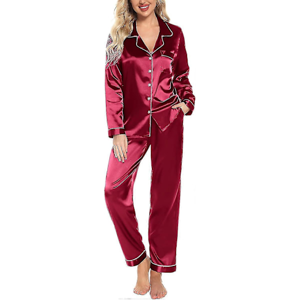 Siden Satin Pyjamas Set Dam Långärmad Sovkläder Mjukt Pyjamasset Tvådelat Knäppning Pyjamasset Med Fickor S-xxl