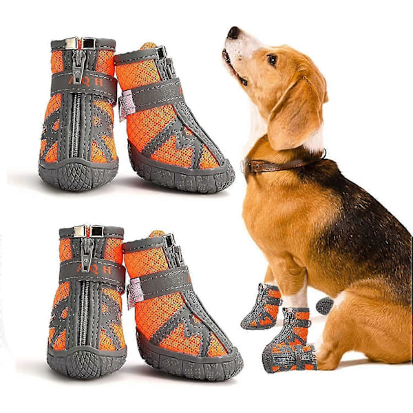 Hundestøvler, nyeste åndbare hundesko med reflekterende stropper, robust skridsikker blød sål hundepotebeskytter til små mellemstore store hunde, orange (2#)