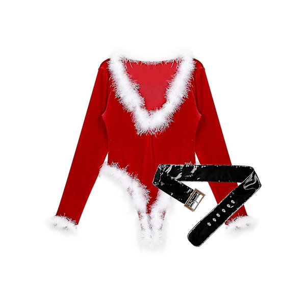 Breey Dam Shiny Metallic Klänning Tomtedräkt Huva Långärmad Fuskpäls Kant Klänning Med Bälte För Jul Cosplay Party Utklädning ZjXXL