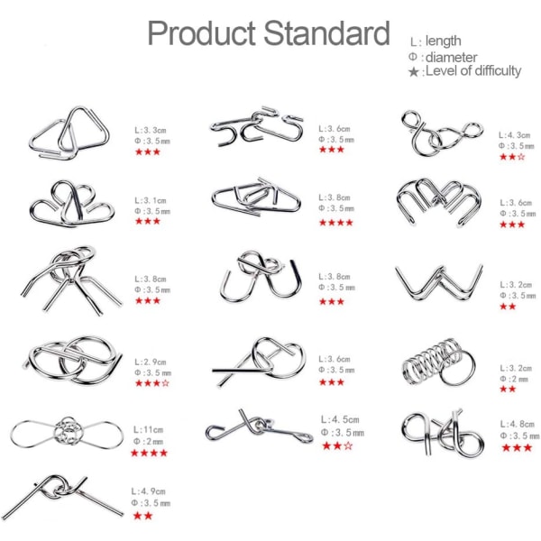 Metal Hjernepuslespil Tråd Sæt af 16, IQ Test Metal Hjernepuslespil IQ