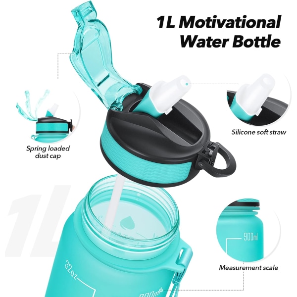 1 liter Motivational Fitness Sport vattenflaska med sugrör & Tim