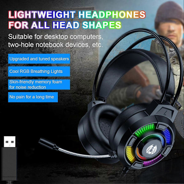 Hodetelefoner med aktiv støydemping, oppslukende 3D HiFi-lyd med RGB-pustelys, kablede gamingheadset