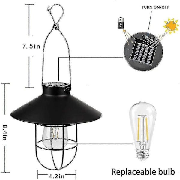 Solcellelykt Utendørs Hengende Lys Metall Solcellelampe Med Varm Hvit Edison Pære Design For Hage, L Størrelse