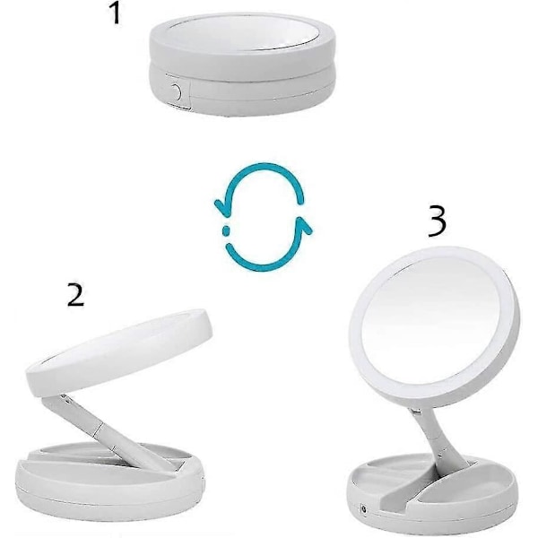 LED Foldbart Makeup Spejl Med 1x/10x Forstørrelse, LED Lysende Dobbeltsidet Bord Kosmetik Spejl USB Lysende Bærbart Opbevaringsspejl Til Bord