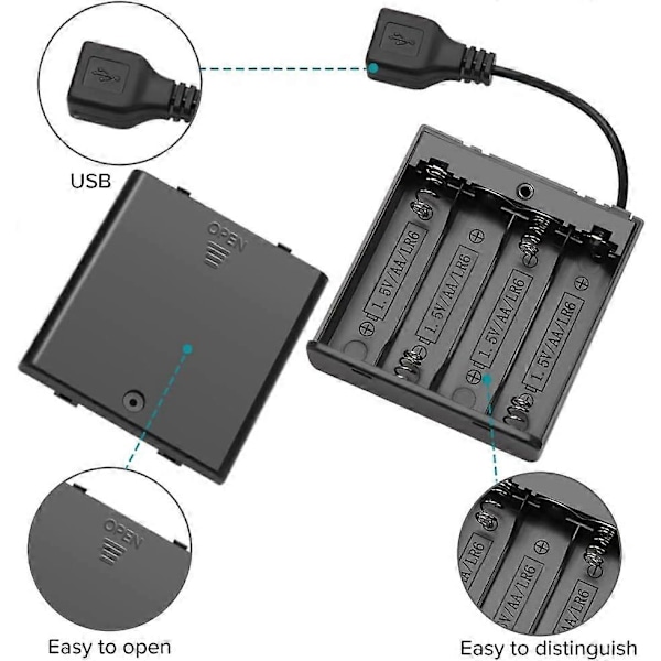3 kpl 4 x 1,5 V AA-paristokotelo kytkimellä ja kannella, 6 V muovinen paristokotelon runko USB-liitännällä ja virtakytkimellä