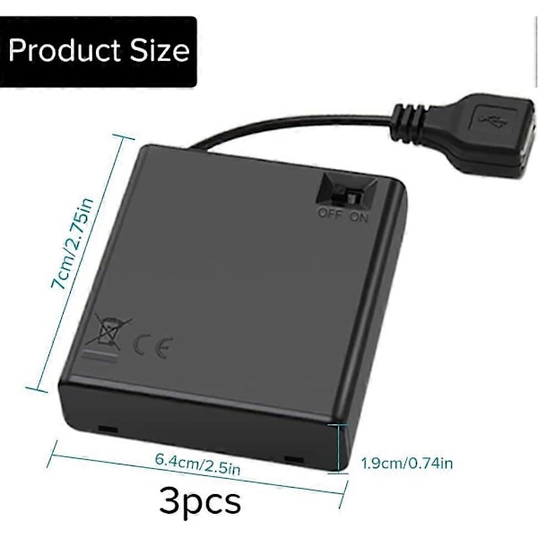 3 kpl 4 x 1,5 V AA-paristokotelo kytkimellä ja kannella, 6 V muovinen paristokotelon runko USB-liitännällä ja virtakytkimellä