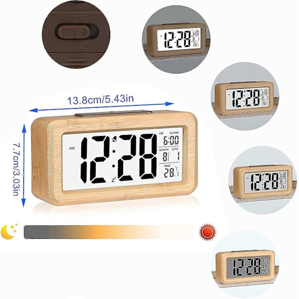 Väckarklocka, enkel inställning, digital väckarklocka i bambu med temperatur, datum, bakgrundsbelysning, snooze, för sovrum, säng, hem, kontor, utan