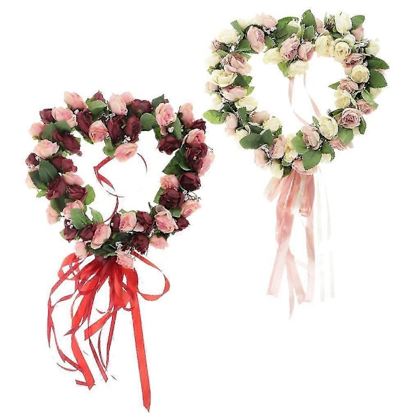 2 Styk Hjerteform Kunstig Silke Rose Blomsterkrans Vinduesophæng Dekoration